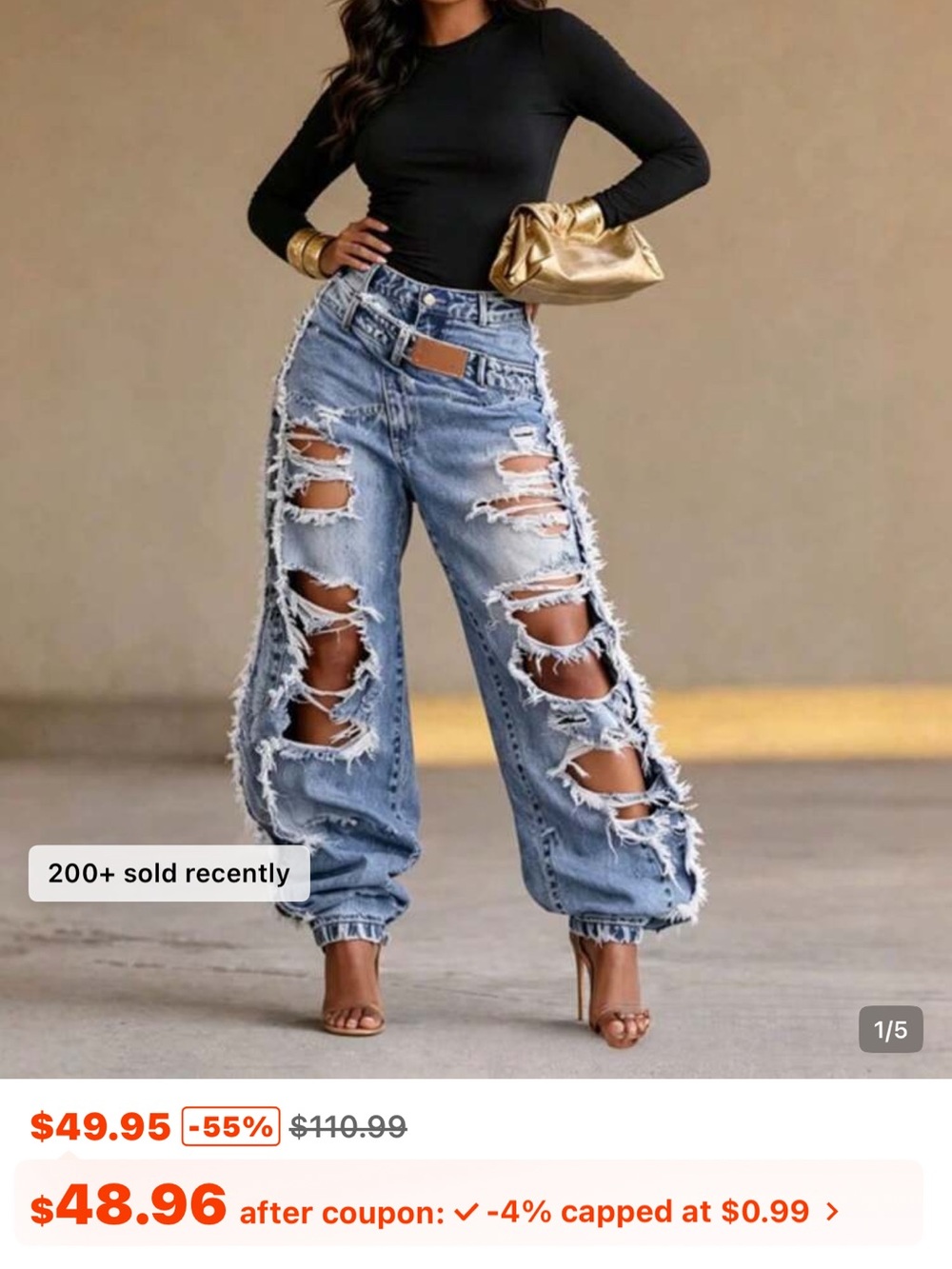 Distressed High-Waist Baggy Jeans in Light Blue